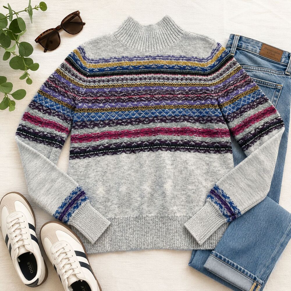 Abercrombie & Fitch Mock Neck Sweater | Fair Isle Heather Gray Multicolor